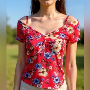 Derek Heart Red Floral Blouse Top Size M